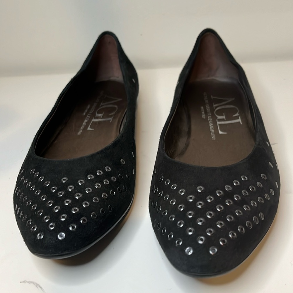AGL Attilio Giusti Leombruni Shoes Grommet Flats‎ Black Suede Pointed Sz Toe 38